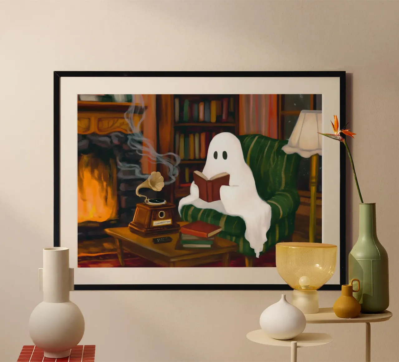 Libro di lettura Halloween Spooky Ghost di Fireplace poster da Fleur de Lys