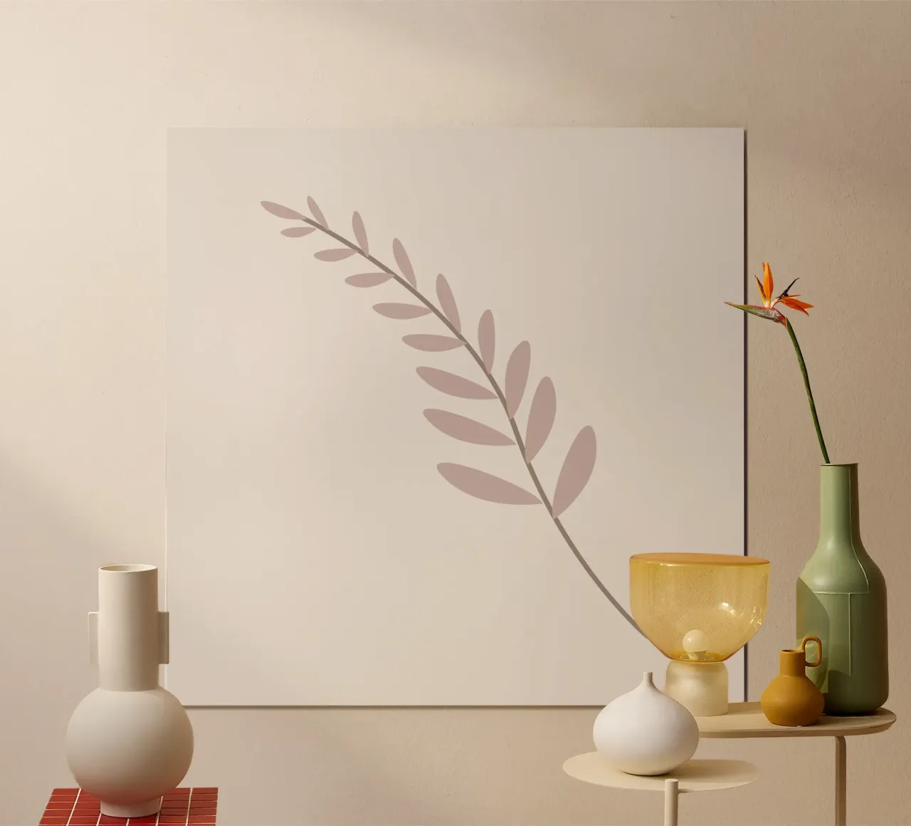 Blush Pink Leaf Branch | Minimalist Botanical Art Print poster with wooden frame by NorwesClub