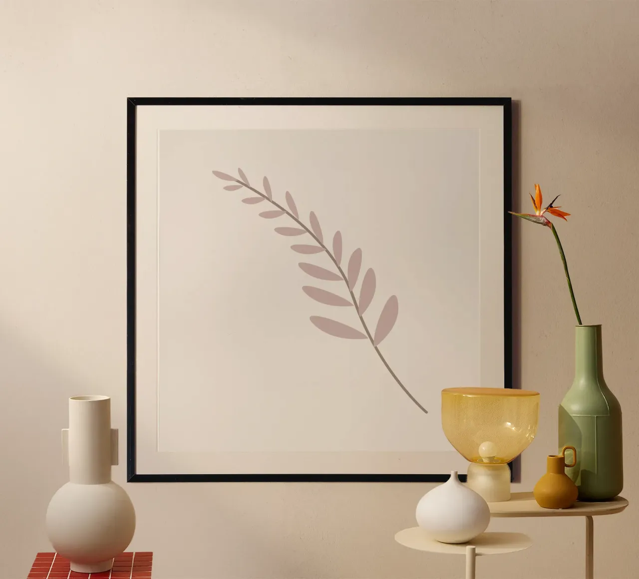 Blush Pink Leaf Branch | Minimalist Botanical Art Print poster with wooden frame by NorwesClub