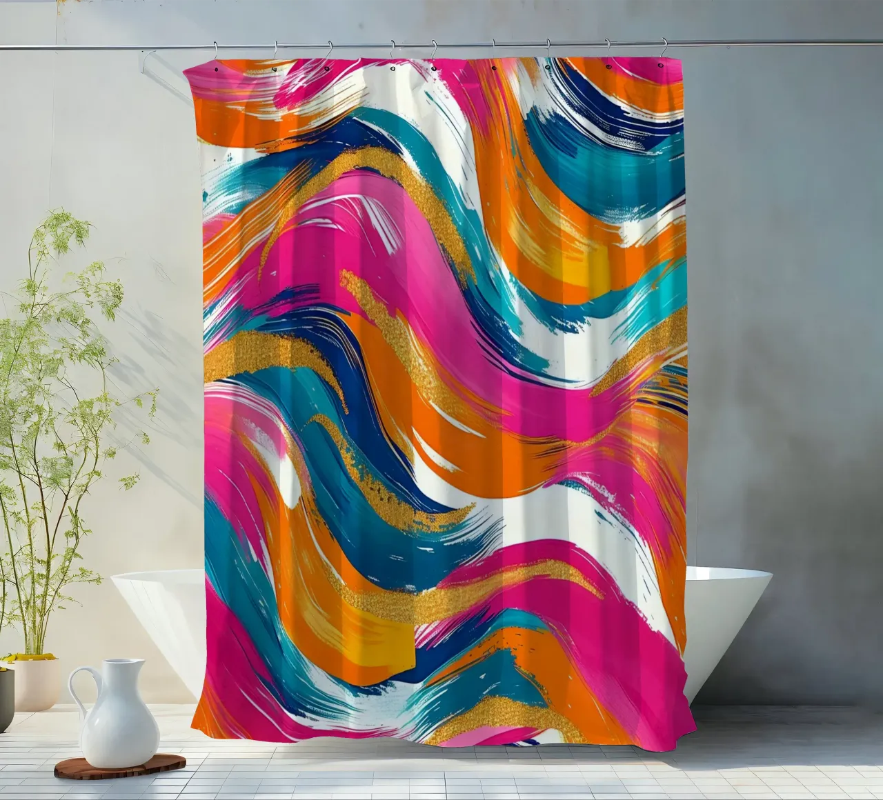 Vibrant Swirls with Gold | Abstract Expressionist Art Print shower curtain by NorwesClub