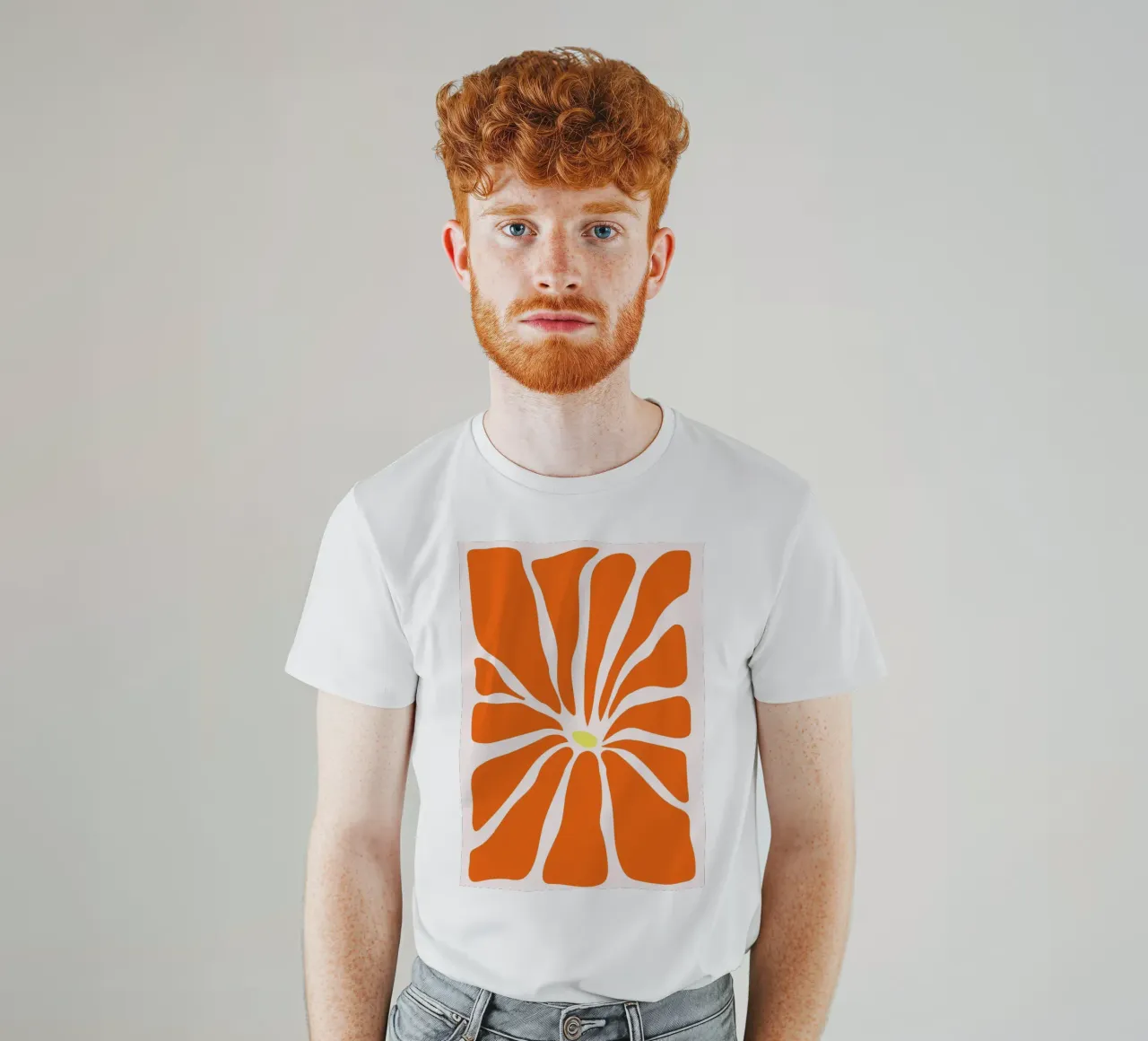 Abstract Orange Daisy | Retro Mid-Century Modern Floral Prin t-shirt by NorwesClub