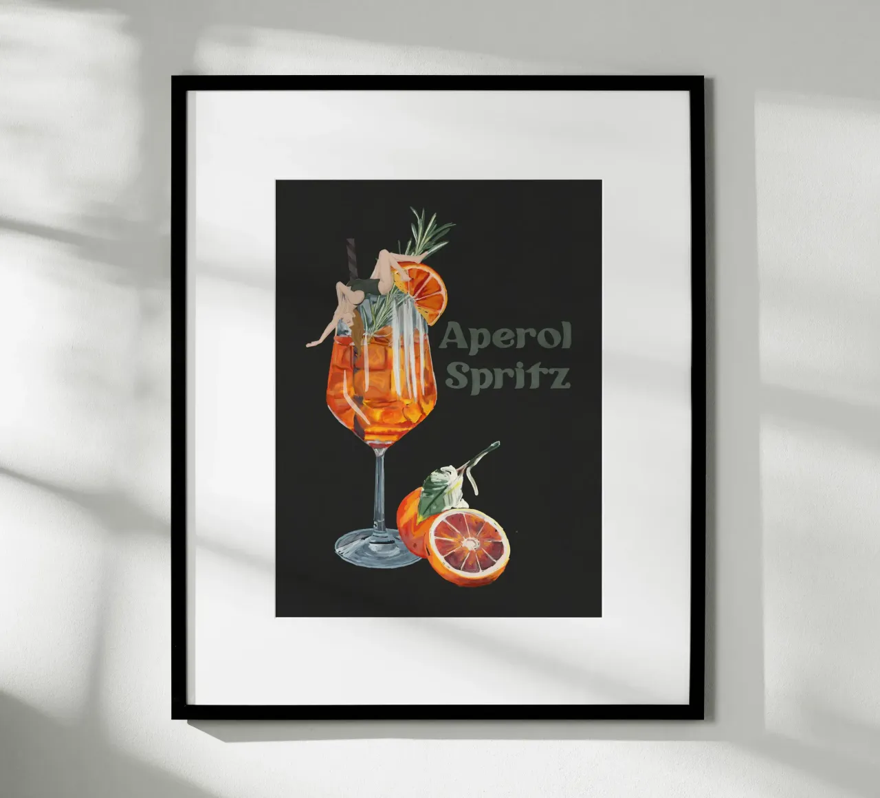 Aperol Spritz black retro vintage lady in cocktail glass poster with wooden frame by This Wild Soul - Illustration