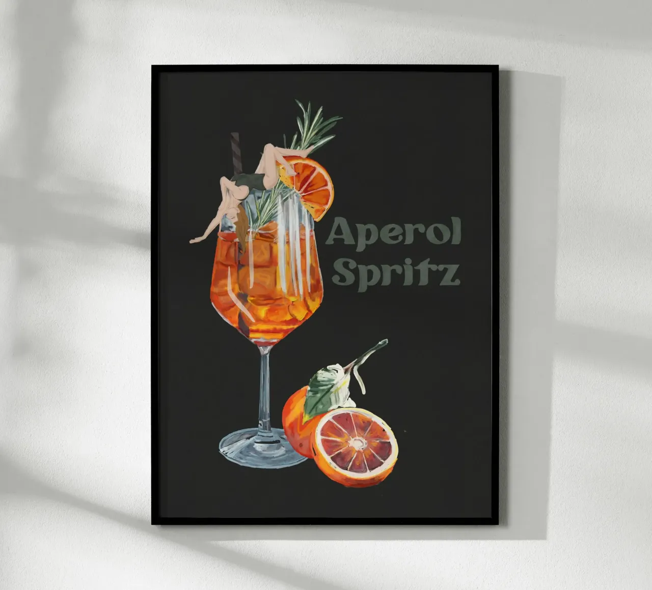 Aperol Spritz black retro vintage lady in cocktail glass poster with wooden frame by This Wild Soul - Illustration
