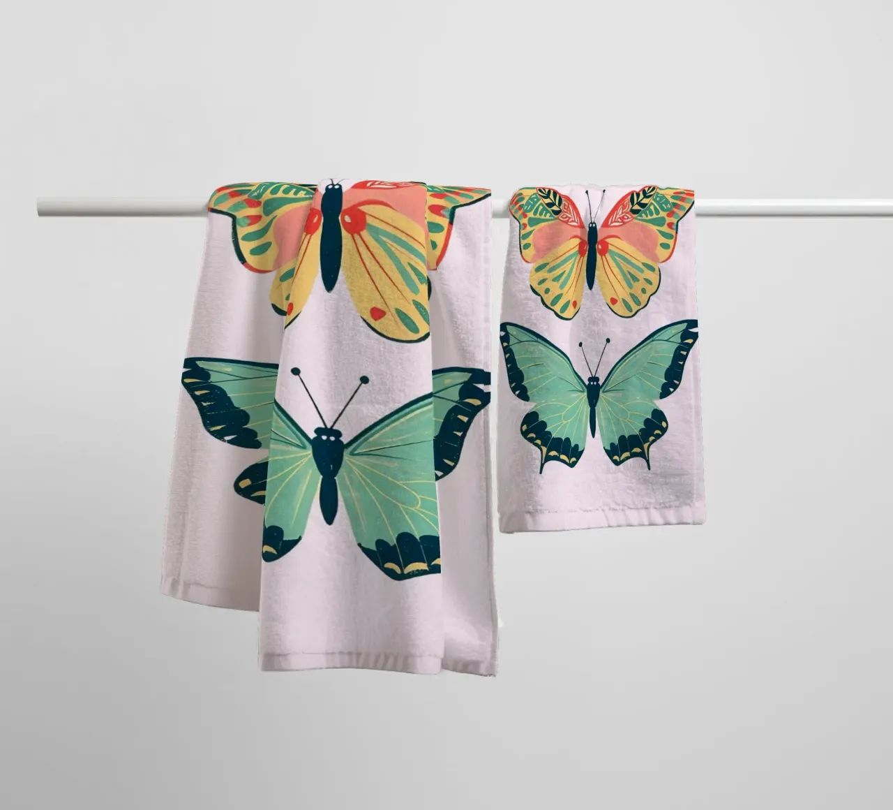 Boho Butterfly Trio Art | Vibrant Psychedelic Insects Print towel by NorwesClub