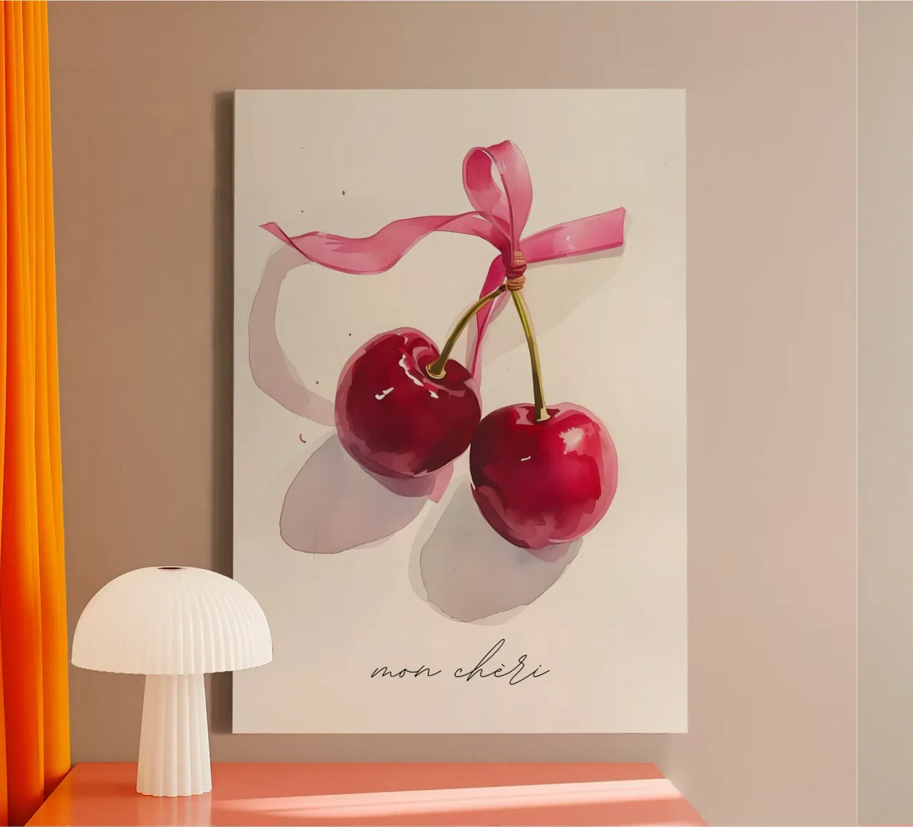 Ciliegie acquerellate "Mon Chéri" - Stampa d'arte romantica sulla frutta tela con Cornice a cassetta da NorwesClub