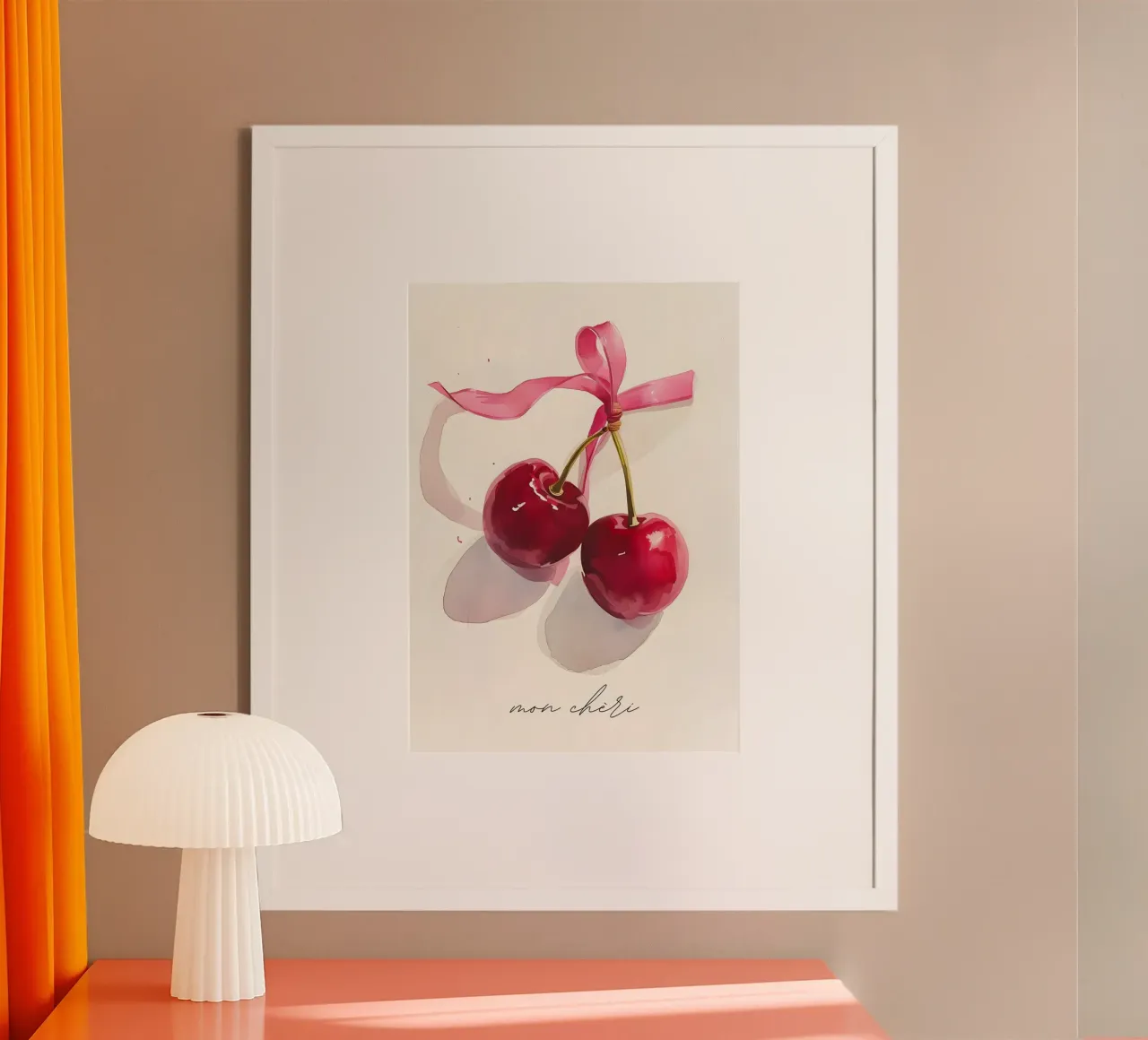 "Mon Chéri" Cherries Watercolor | Romantic Fruit Art Print poster with plastic frame by NorwesClub