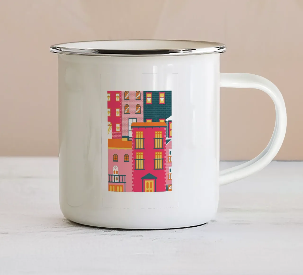 Vibrant Cityscape Illustration | Mid-Century Modern Urban Ar enamel mug by NorwesClub