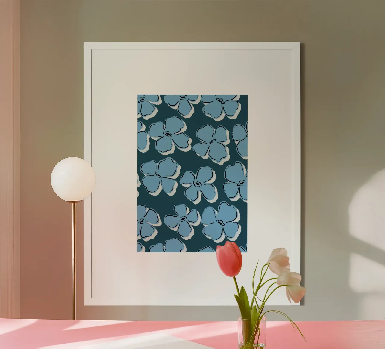 Pop Art Blue Flowers Pattern | Andy Warhol Inspired Floral P poster with plastic frame by NorwesClub