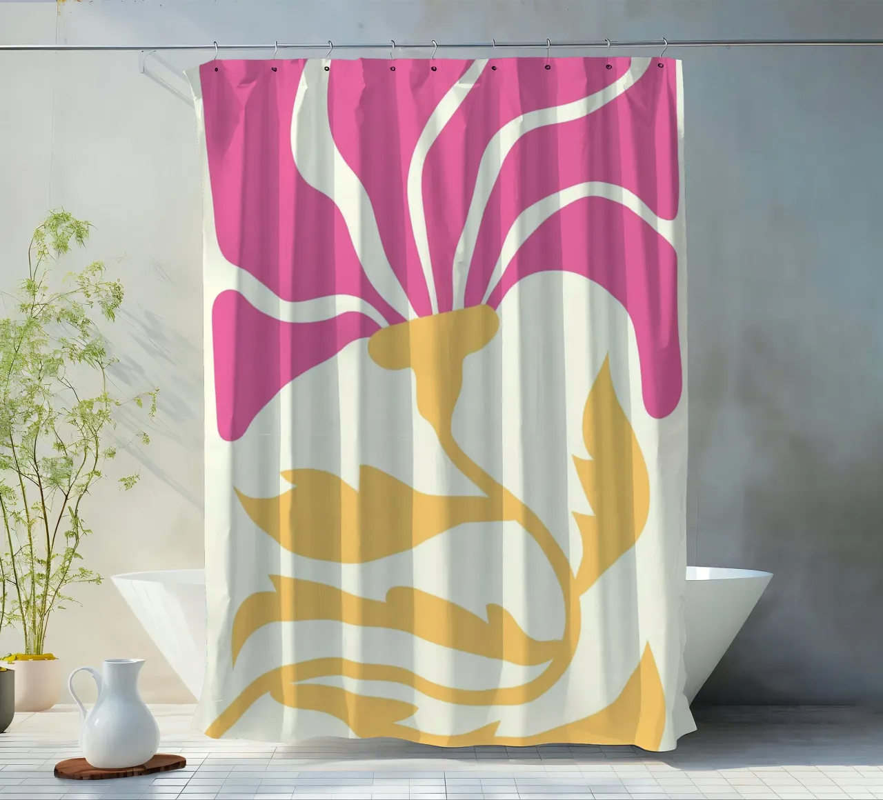 Abstracte Roze & Gele Bloei | Matisse Geïnspireerde Bloemsierkunst P douchegordijn van NorwesClub
