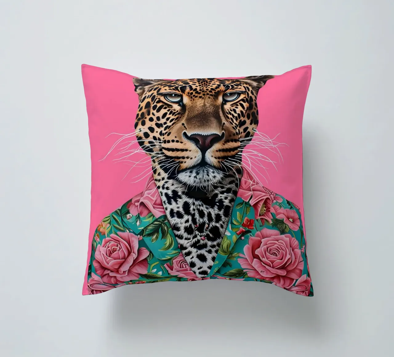 Leopardo dappertutto con le rose - Stampa ritratto animale pop art cuscino da NorwesClub