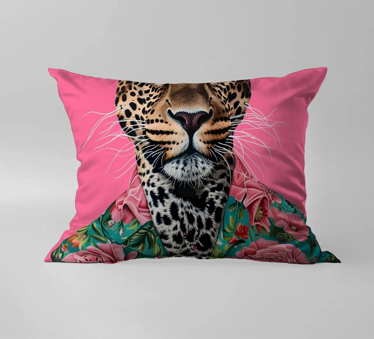 Leopardo dappertutto con le rose - Stampa ritratto animale pop art cuscino da NorwesClub