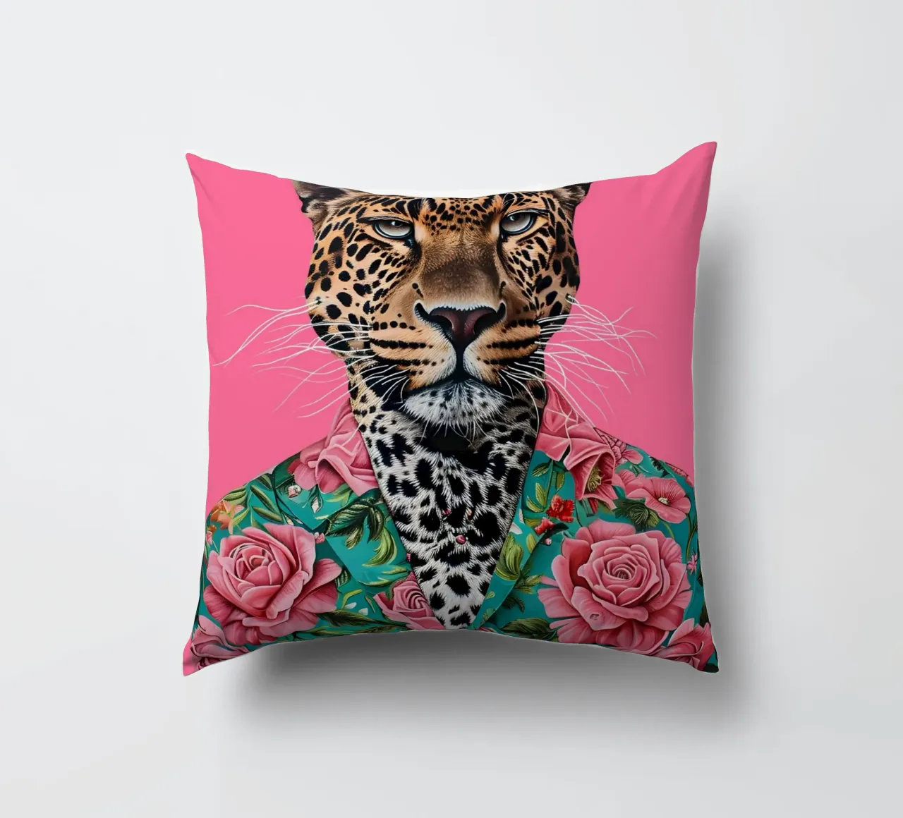 Leopardo dappertutto con le rose - Stampa ritratto animale pop art cuscino da NorwesClub