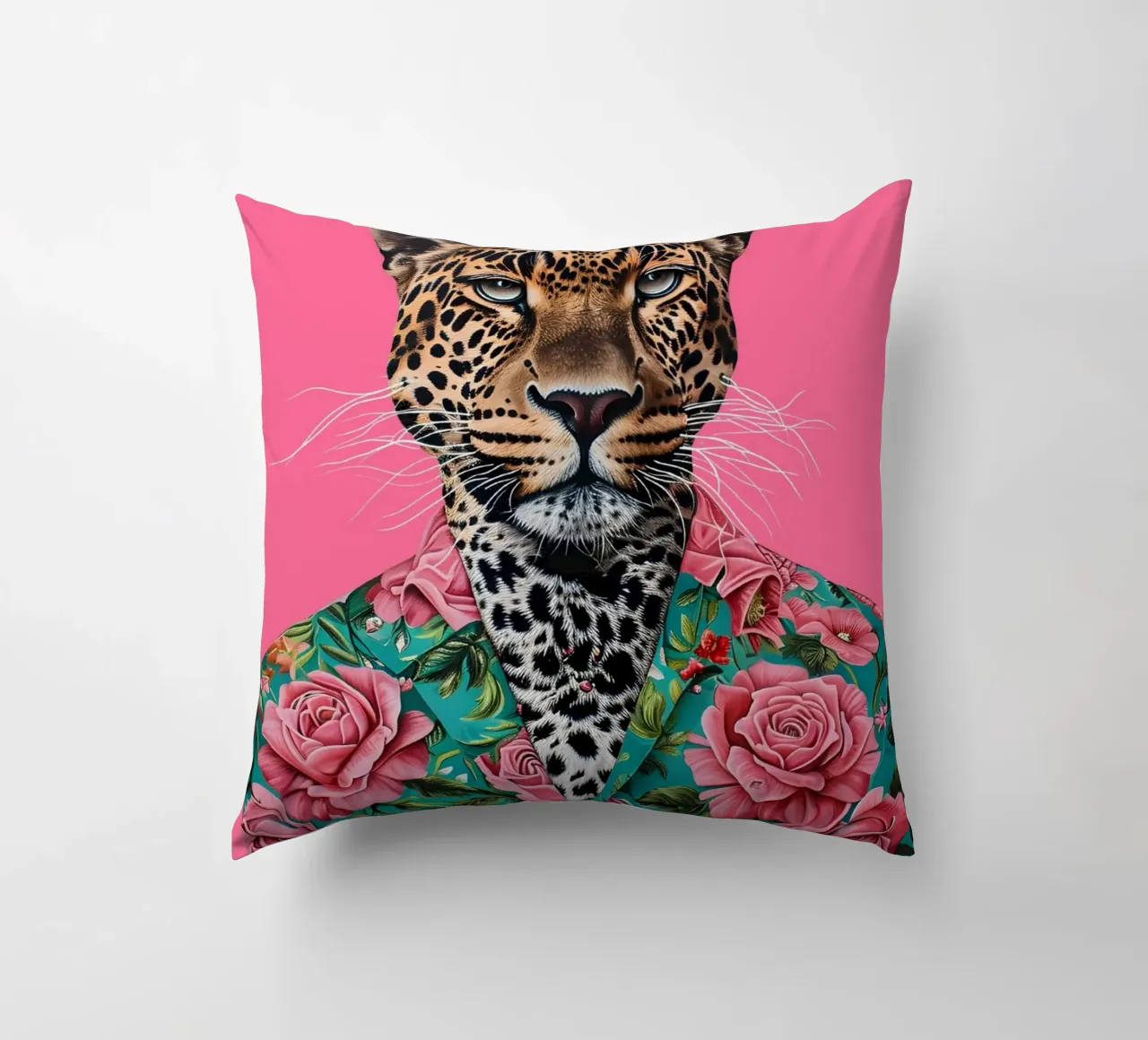Leopardo dappertutto con le rose - Stampa ritratto animale pop art cuscino da NorwesClub