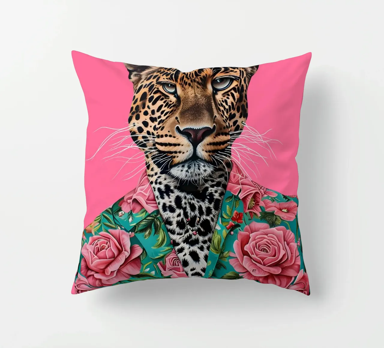 Leopardo dappertutto con le rose - Stampa ritratto animale pop art cuscino da NorwesClub