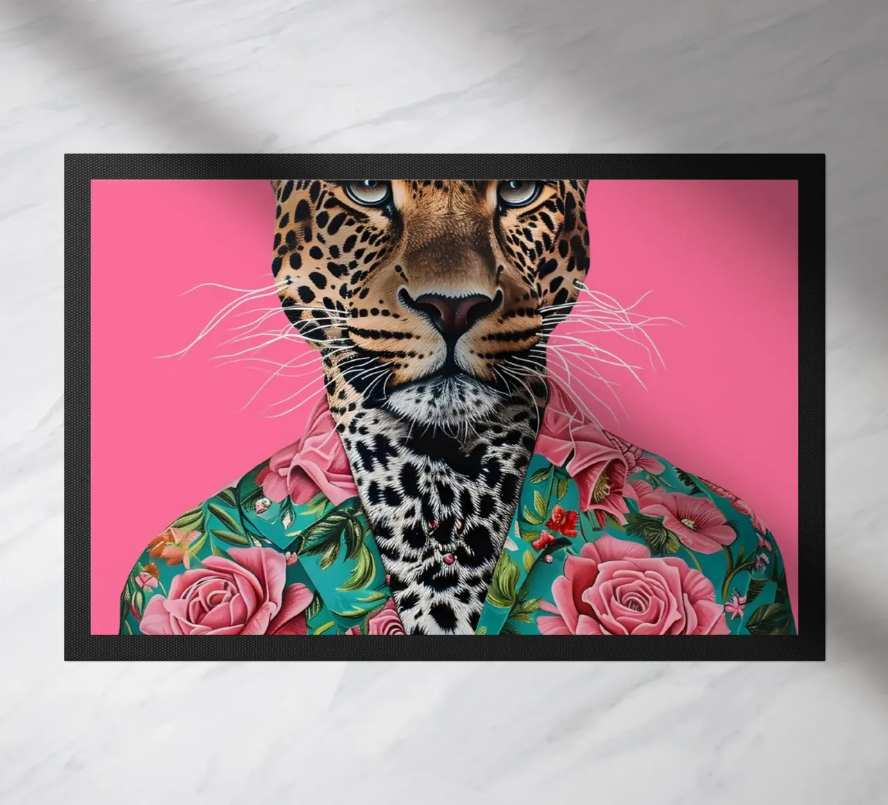 Dapper Leopard in Roses | Pop Art Animal Portrait Print felpudo de NorwesClub