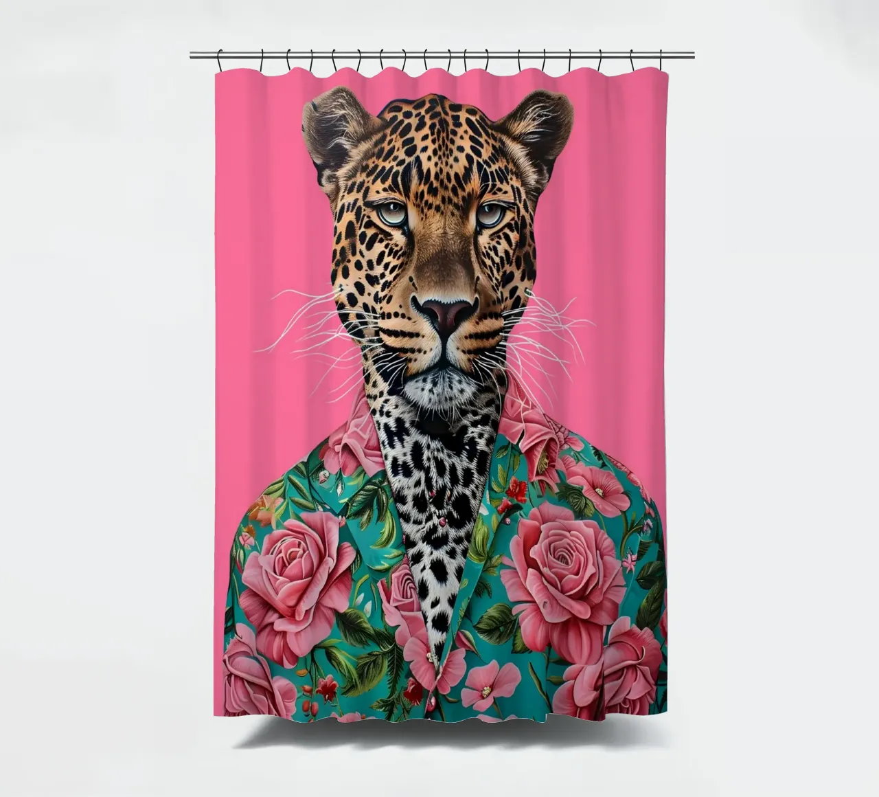 Dapper Leopard in Rosen | Pop Art Tierportrait Druck Duschvorhang von NorwesClub