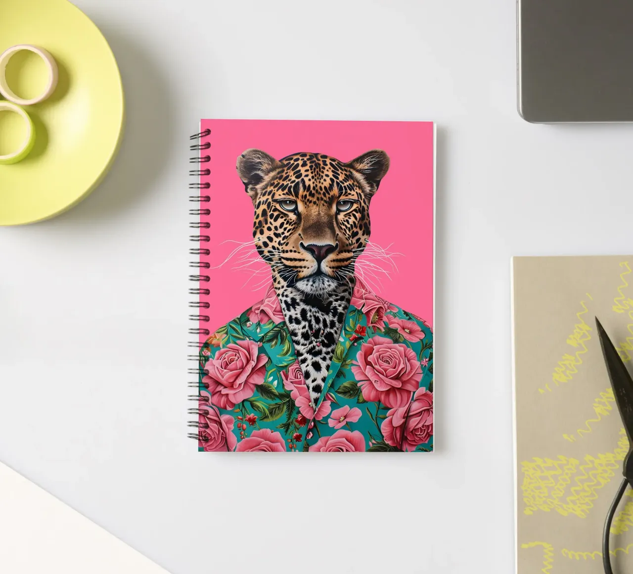 Dapper Leopard in Roses | Pop Art Animal Portrait Print spiral notebook by NorwesClub