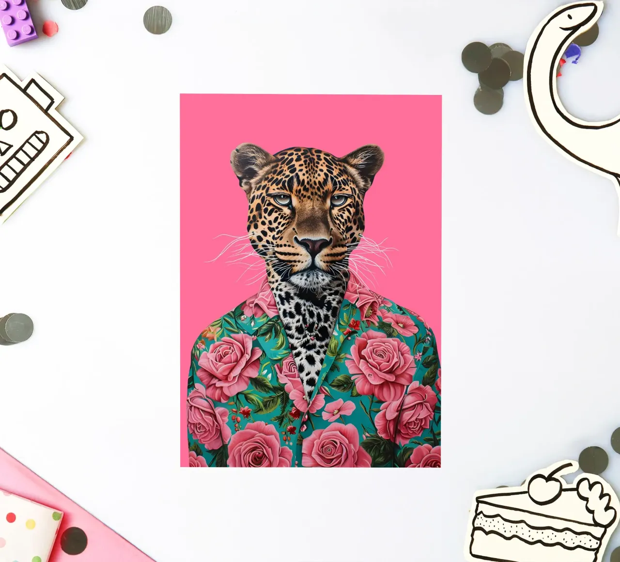 Dapper Leopard in Rosen | Pop Art Tierportrait Druck Sticker von NorwesClub