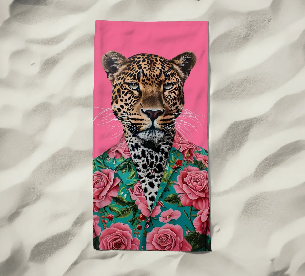 Dapper Leopard in Roses | Pop Art Animal Portrait Print beach towel by NorwesClub