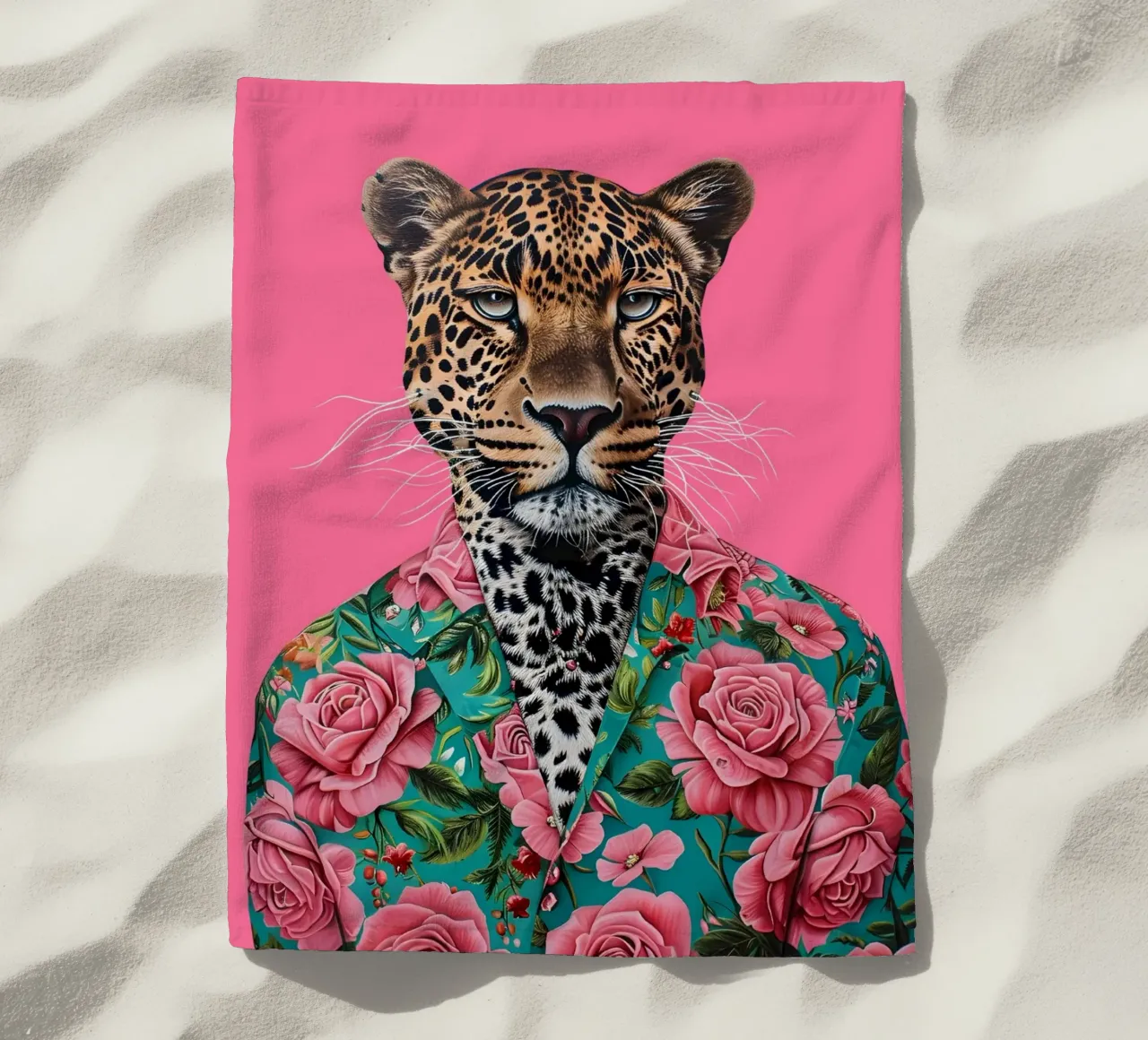 Dapper Leopard in Roses | Pop Art Animal Portrait Print beach towel by NorwesClub