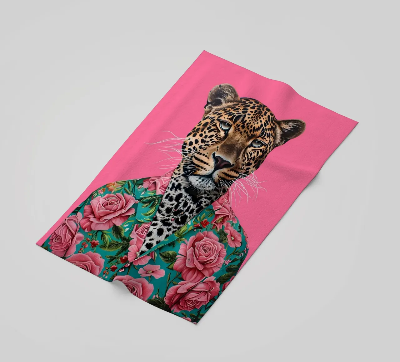 Dapper Leopard in Roses | Pop Art Animal Portrait Print beach towel by NorwesClub