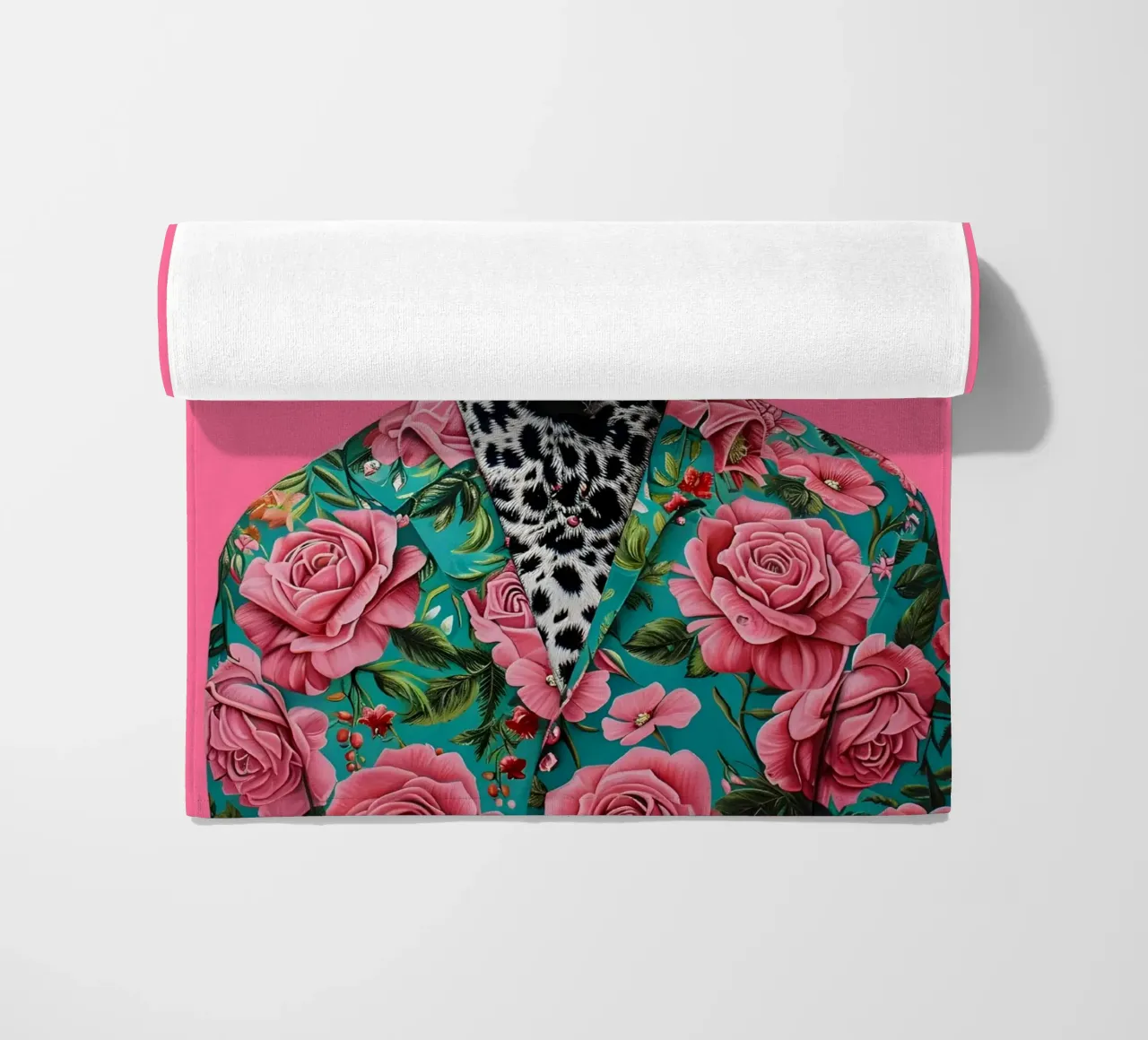 Dapper Leopard in Roses | Pop Art Animal Portrait Print beach towel by NorwesClub