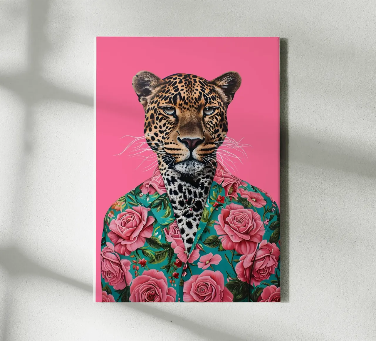 Dapper Leopard in Roses | Pop Art Animal Portrait Print canvas by NorwesClub