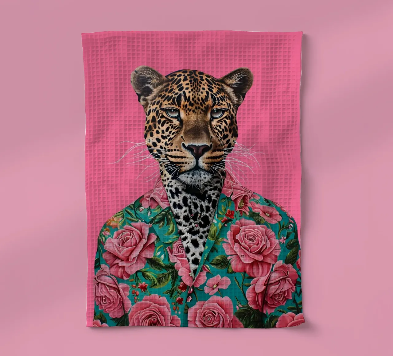 Portrait d'animal Pop Art - Dapper Leopard in Roses | Pop Art Animal Portrait Print torchon de NorwesClub
