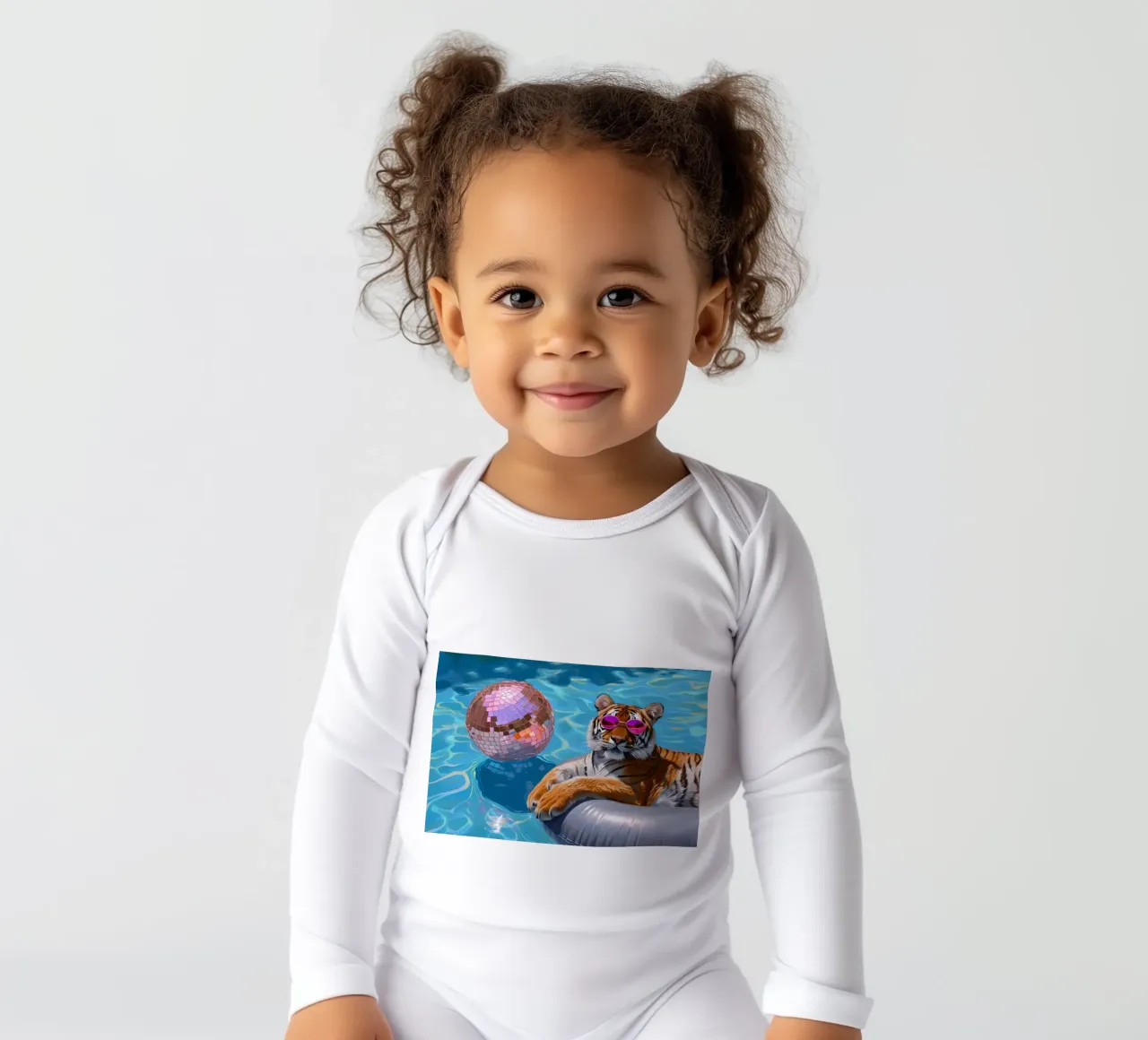 Tiger Disco Pool Party | Pop Art Summer Vibes Print long-sleeve baby romper by NorwesClub