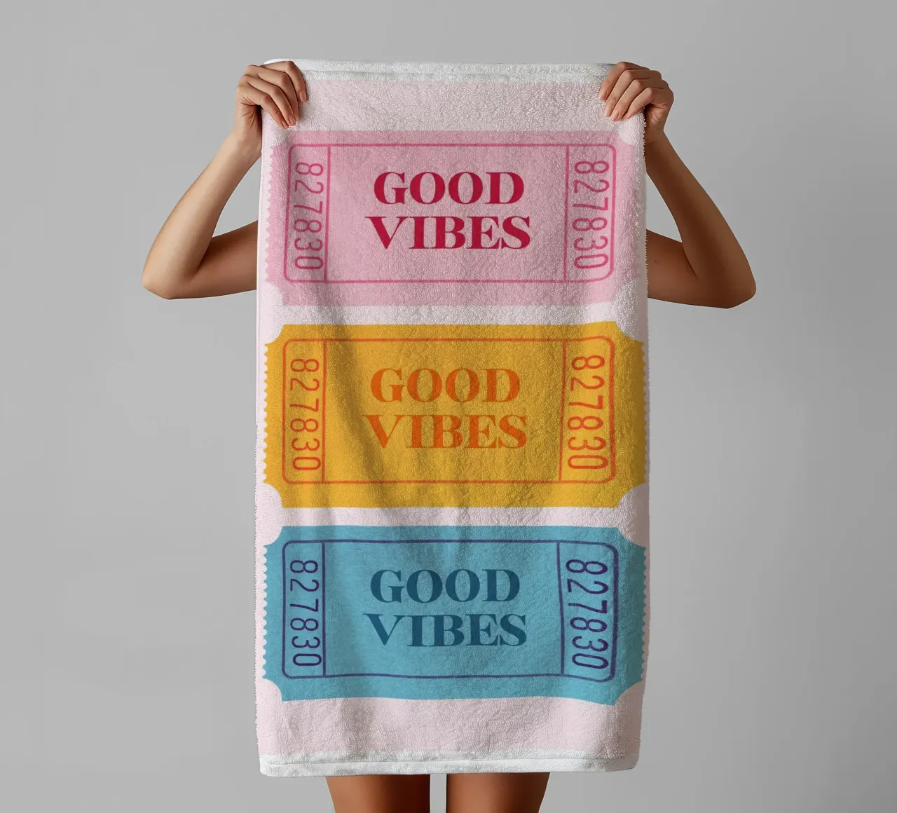 "Good Vibes" Retro Tickets | Pop Art Aesthetic Print towel by NorwesClub