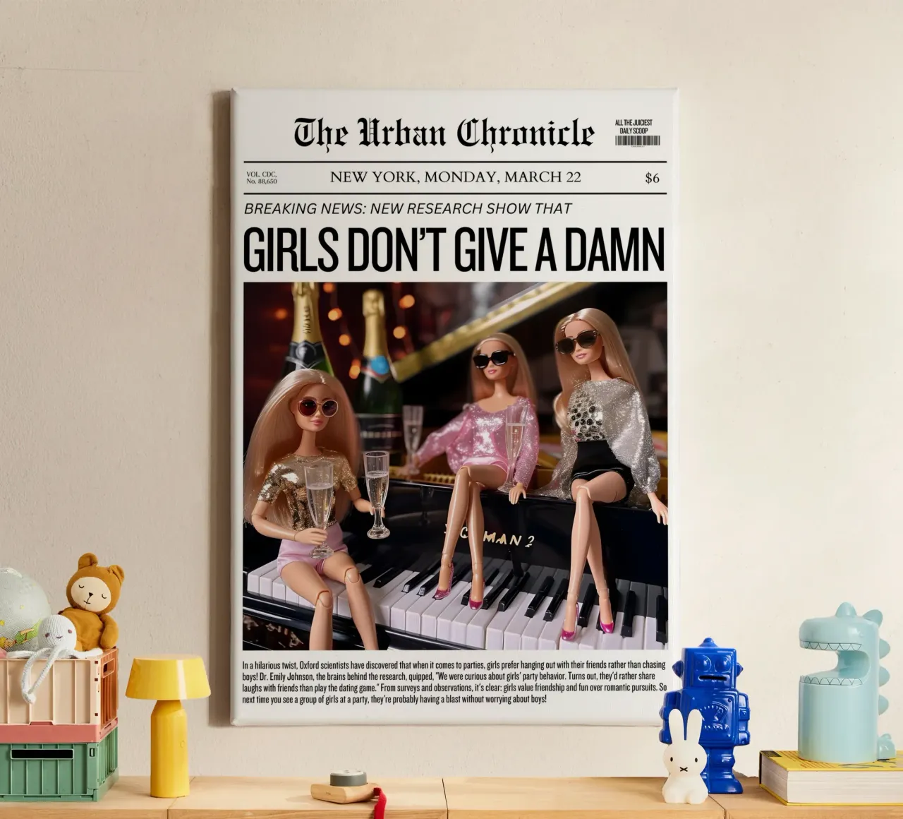 Giornale "Le ragazze non se ne fregano niente" | Barbie Party Pop Art P tela con Cornice a cassetta da NorwesClub