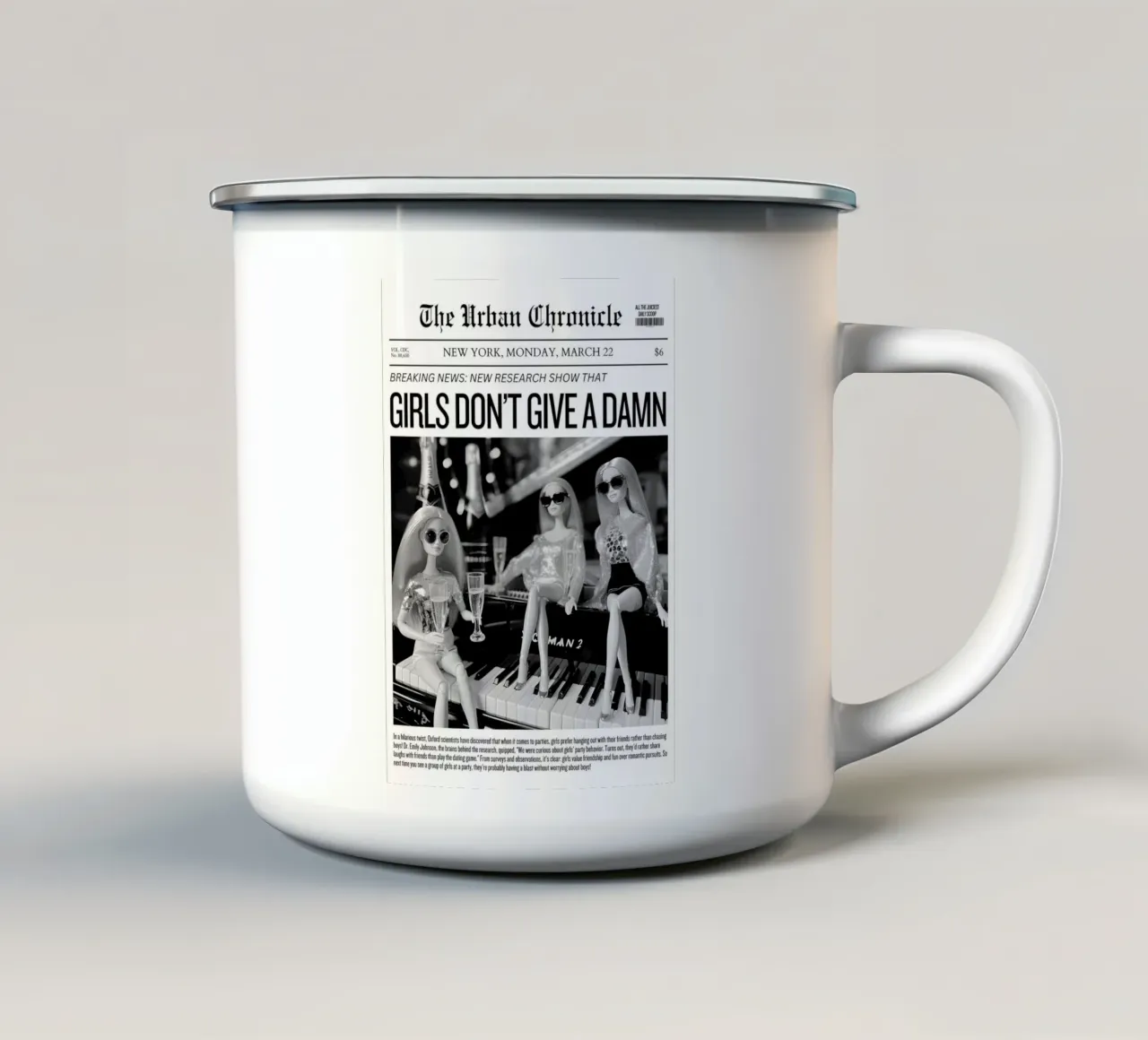 Giornale "Girls Don't Give A Damn" - Barbie Pop Art in bianco e nero Pri tazza in smalto da NorwesClub