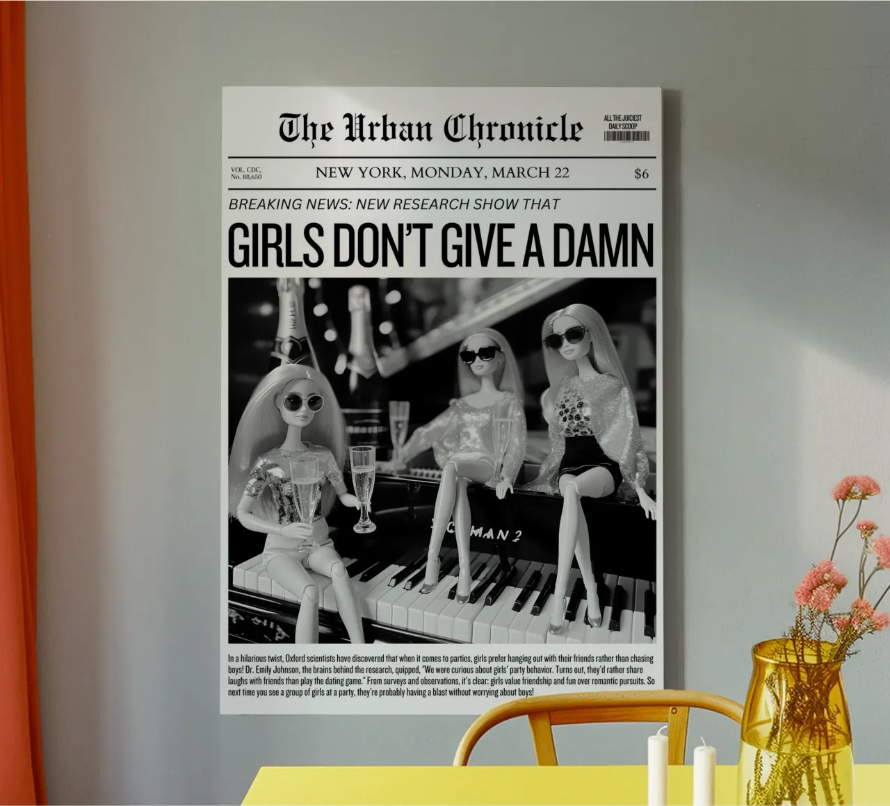 Giornale "Girls Don't Give A Damn" - Barbie Pop Art in bianco e nero Pri tela con Cornice a cassetta da NorwesClub