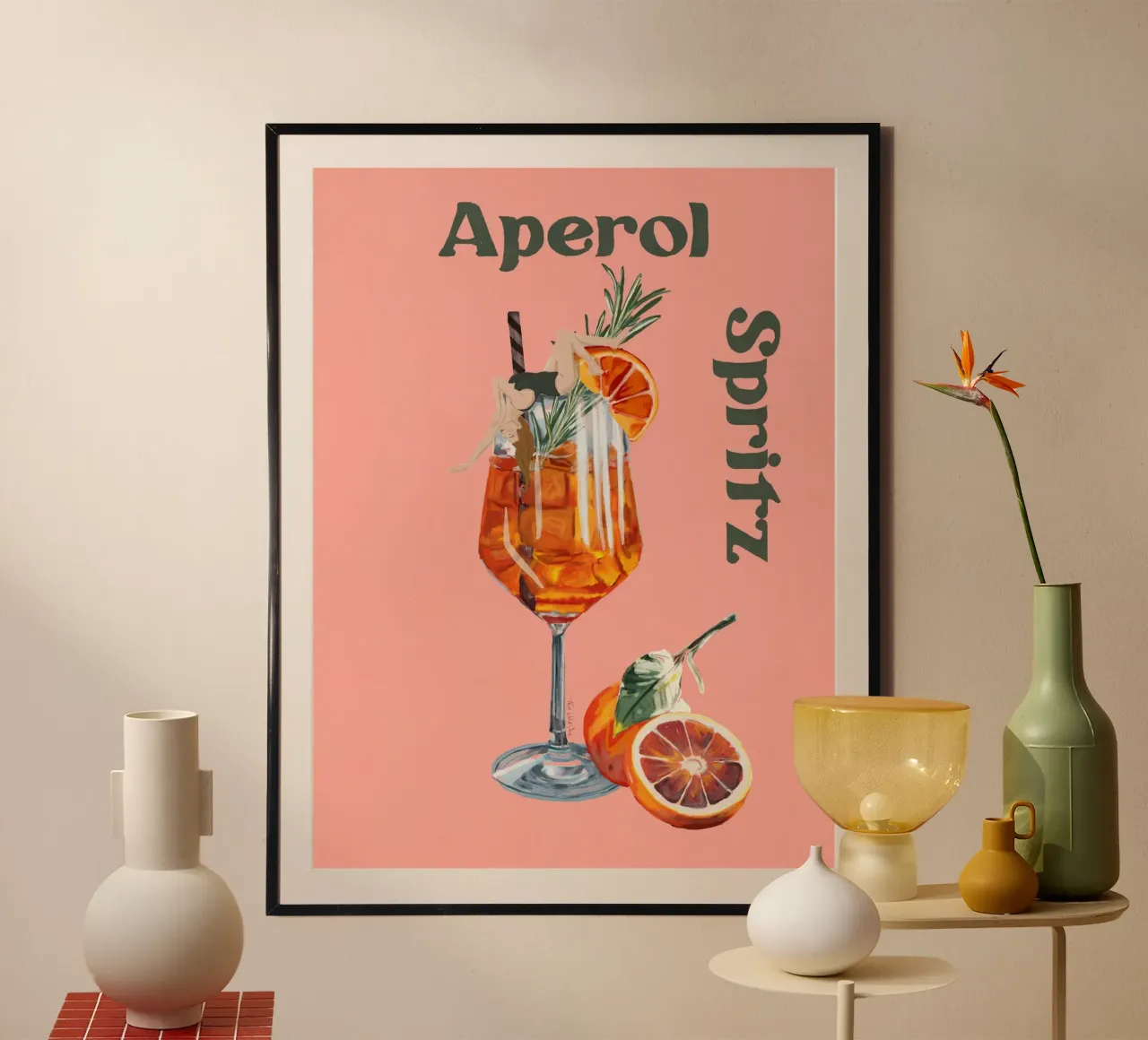 Aperol Spritz Hot Coral Pink Girl in Cocktail glass oranges poster with wooden frame by This Wild Soul - Illustration