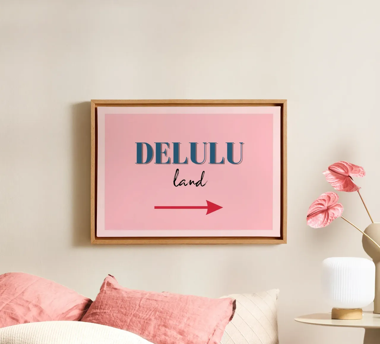 Richtingsbord "Delulu Land" Trendy Esthetische Roze Print canvas met Baklijst van NorwesClub