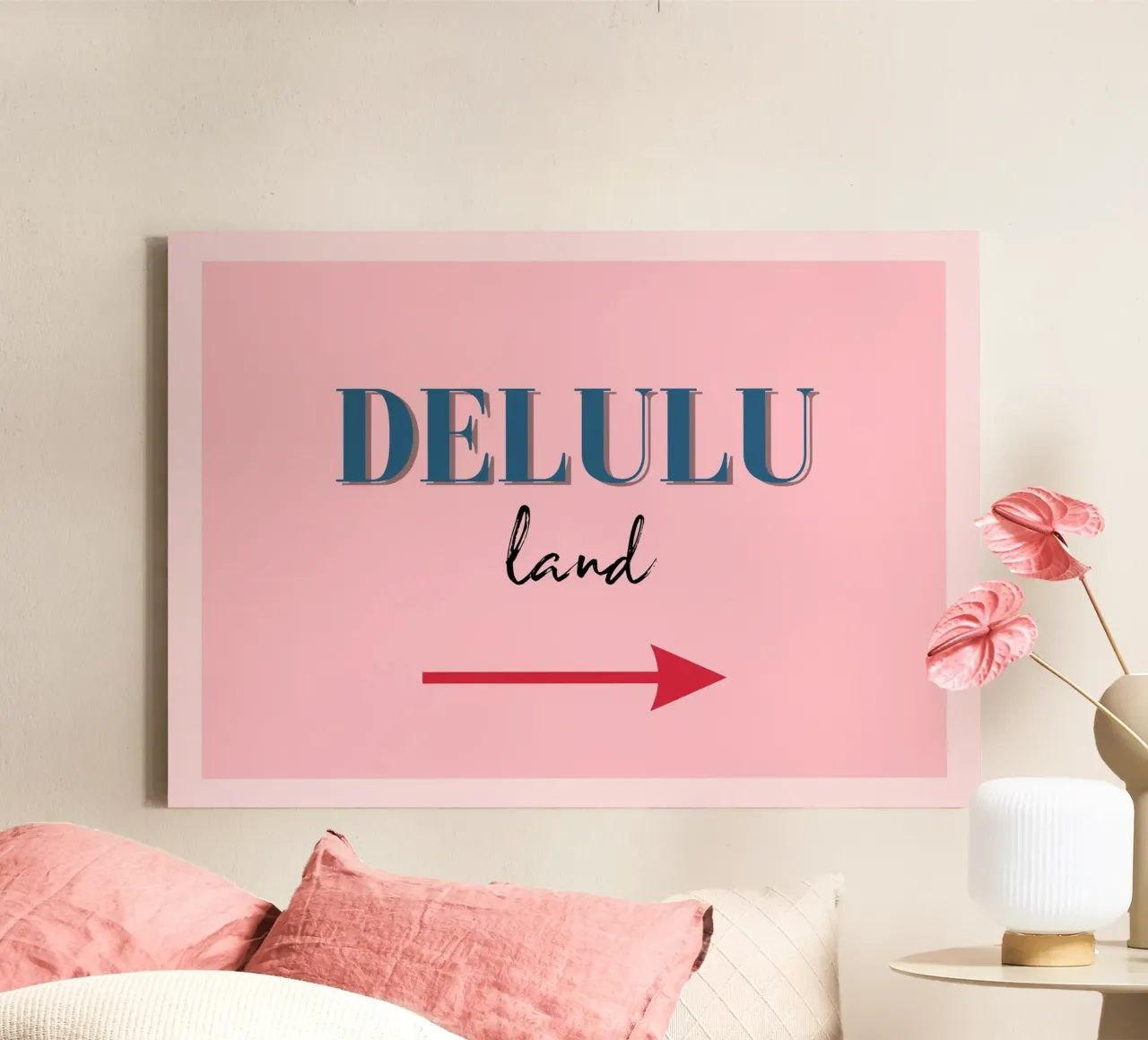 Richtingsbord "Delulu Land" Trendy Esthetische Roze Print canvas met Baklijst van NorwesClub