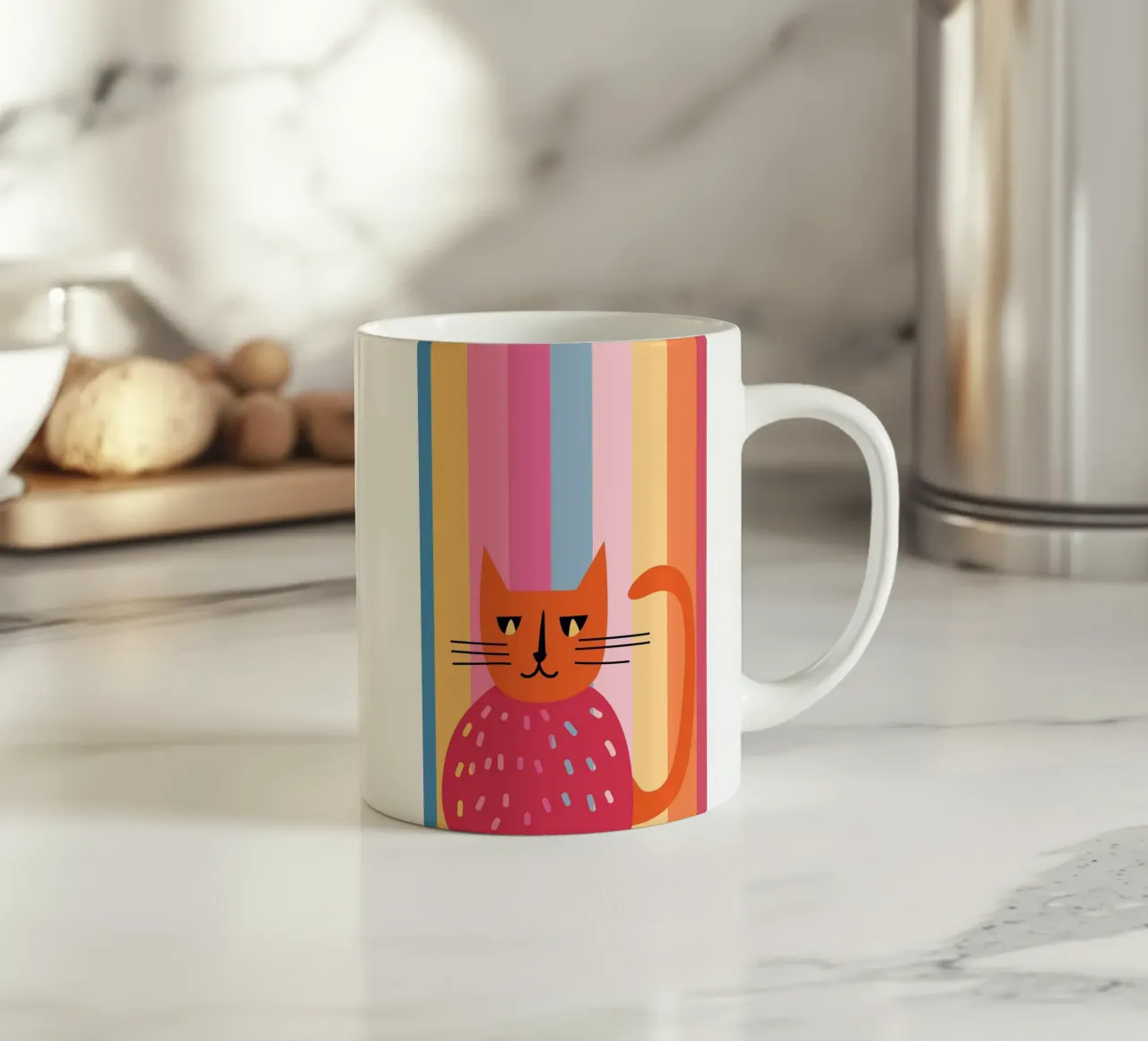 Abstract Striped Cat Art | Colorful Modern Feline Print ceramic mug by NorwesClub