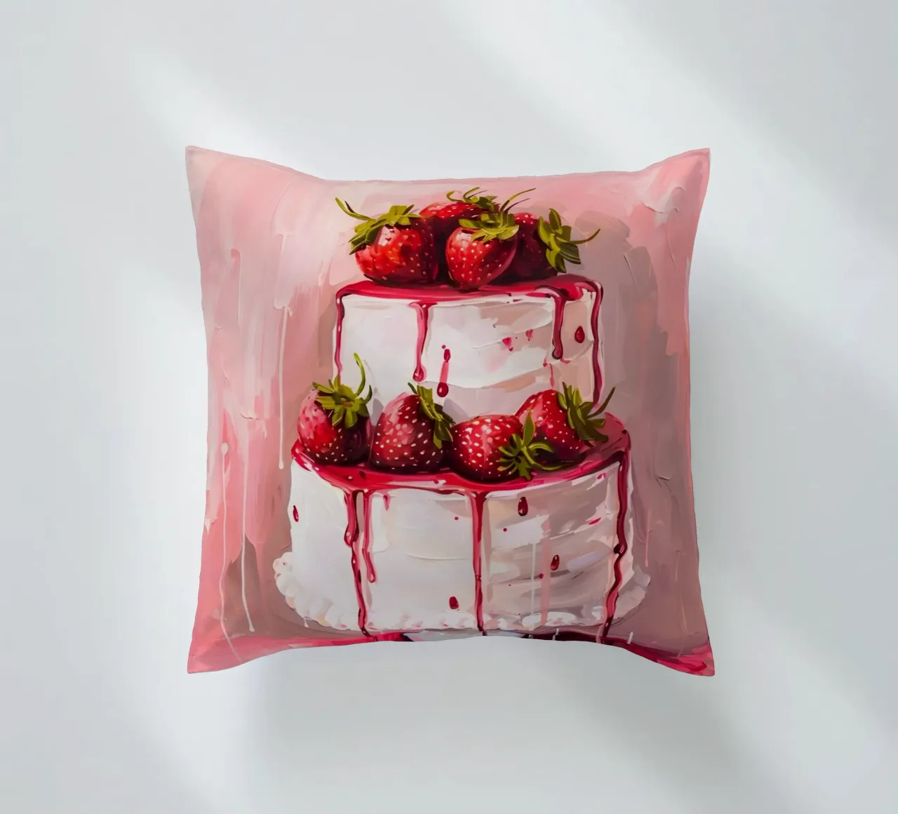 Strawberry Cake Pop Art | Vibrant Drip Kitchen Art Print decorative cushion by NorwesClub