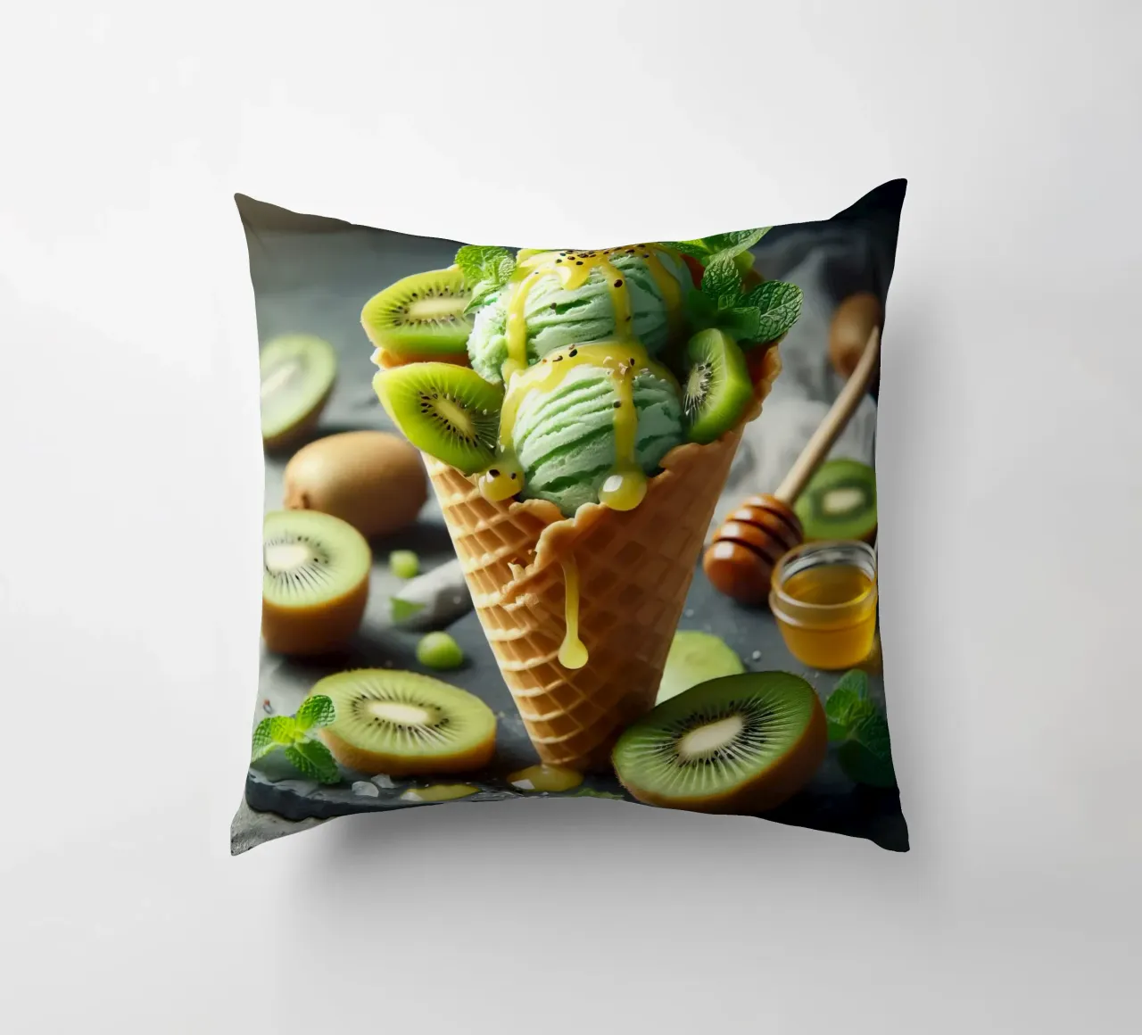 Kiwi ice cream decorative cushion by 🥩 The tasty wall