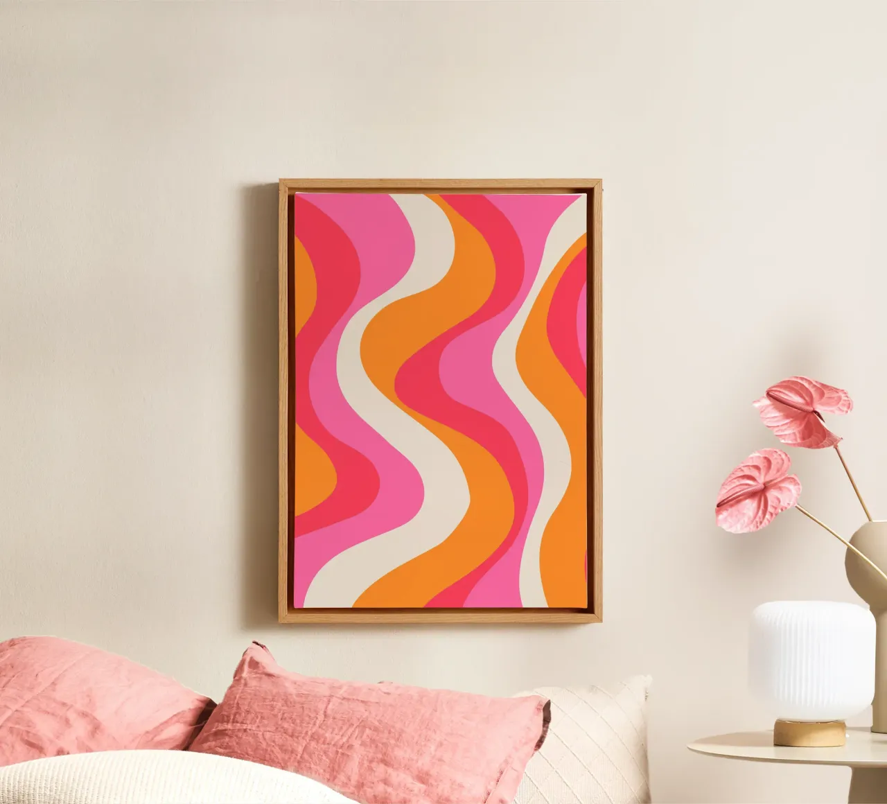 Groovy Retro Waves Pink Orange | Psychedelic Abstract Art Pr tela con Cornice a cassetta da NorwesClub