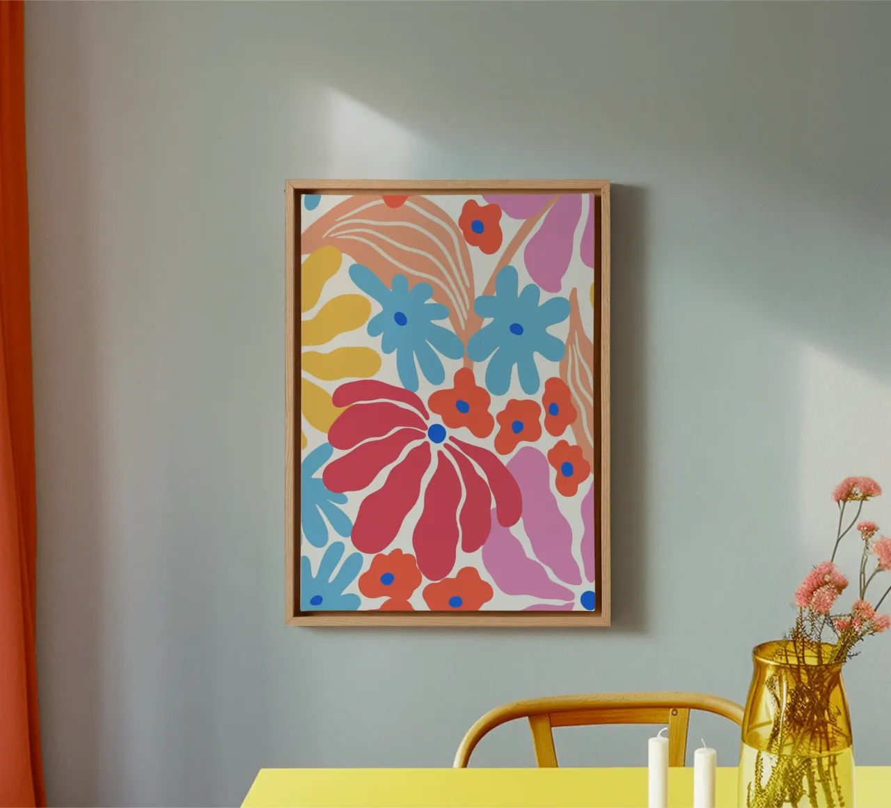 Abstracte Mid-Century Bloemuitbarsting | Levendig Modern Botanisch canvas met Baklijst van NorwesClub