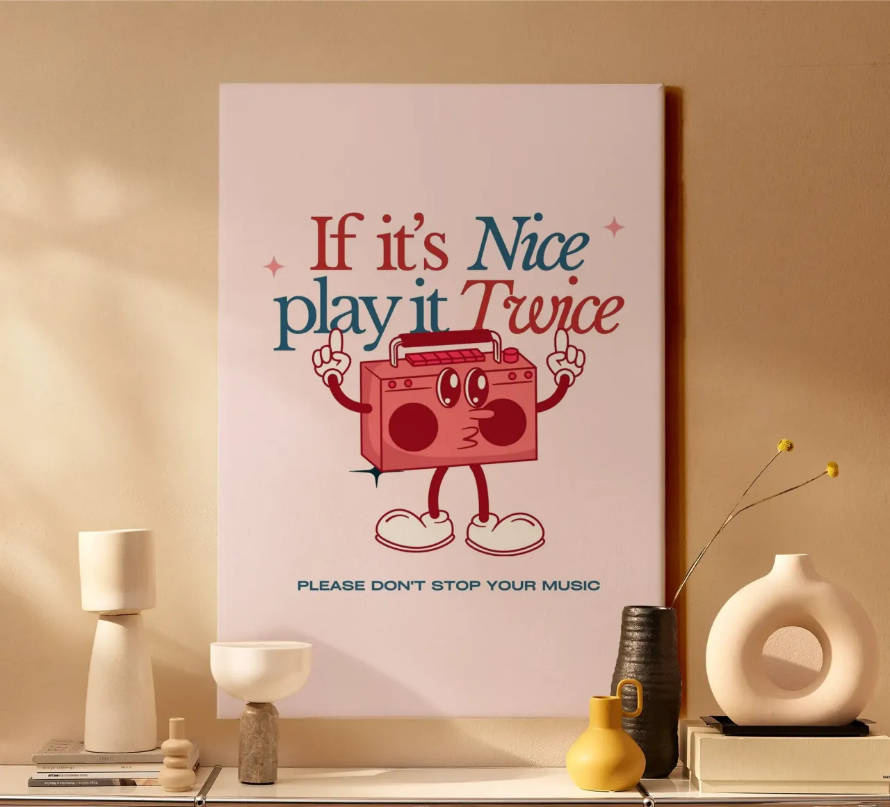 "If It's Nice Play It Twice" Retro Boombox Art Print canvas by NorwesClub
