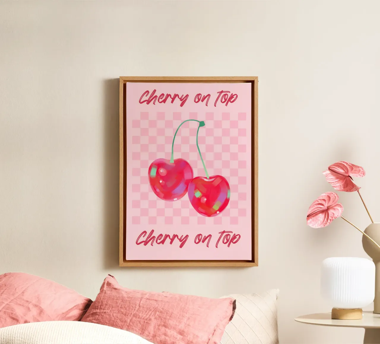 "Cherry on Top" Rosa Pop Art | Lebendige Frucht Ästhetik Druck Leinwand mit Schattenfugenrahmen von NorwesClub