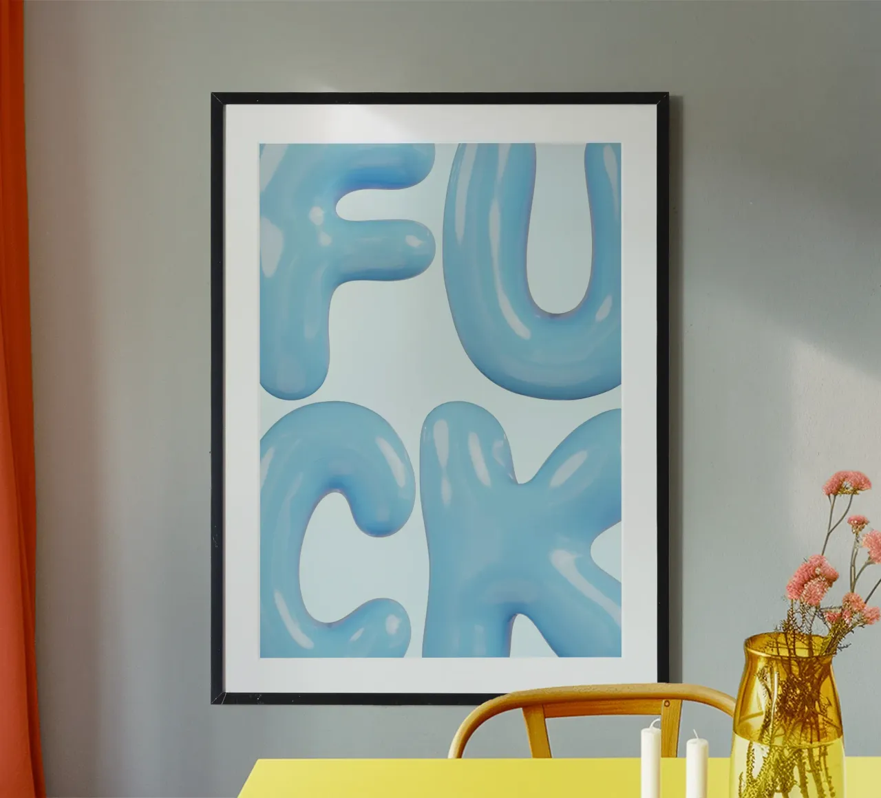 Blaue "F**K" Ballon-Buchstaben | Bold Modern Statement Art Poster mit Kunststoffrahmen von NorwesClub