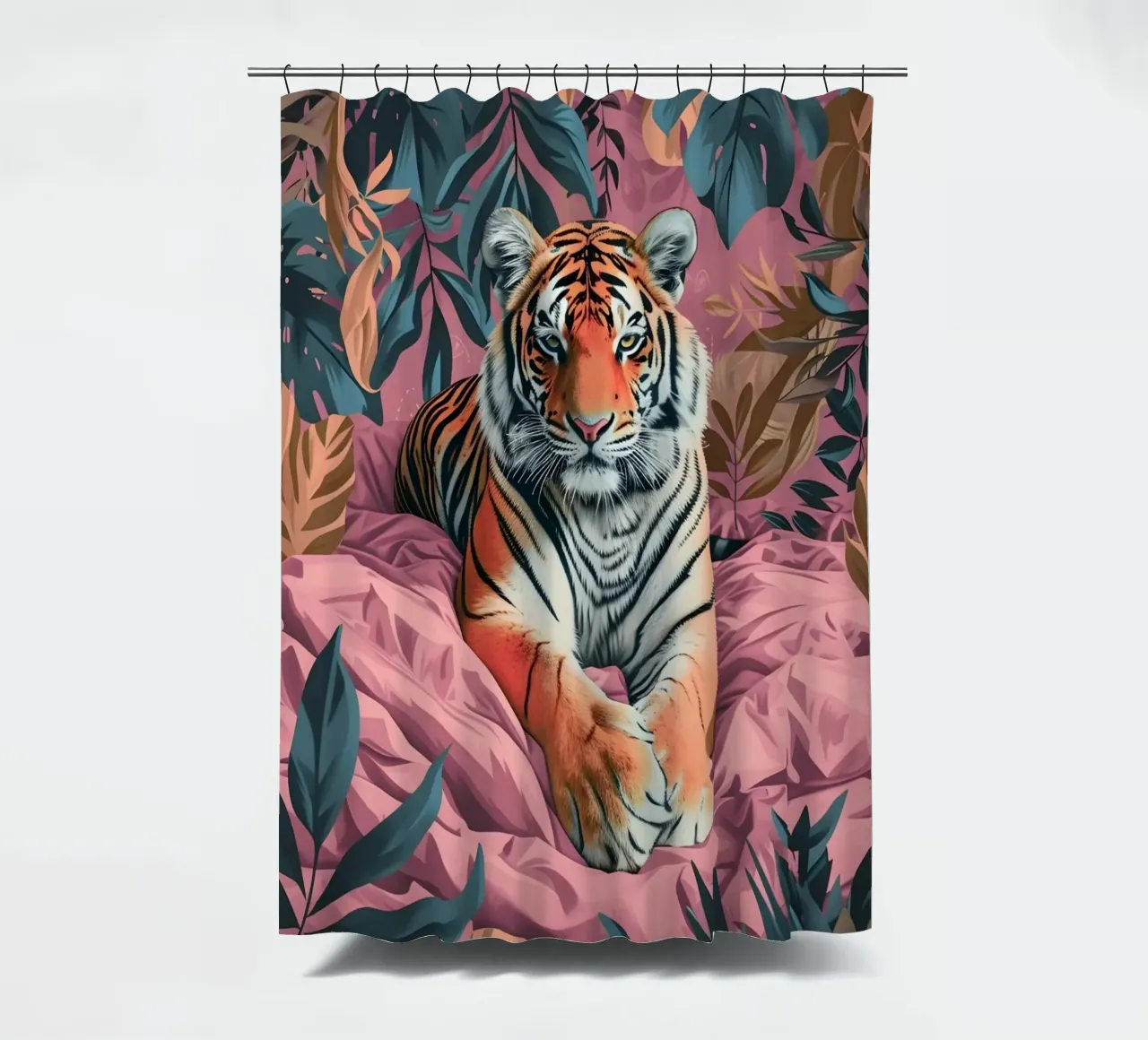 Majestic Tiger in Tropical Pink Jungle | Bold Pop Art Print shower curtain by NorwesClub