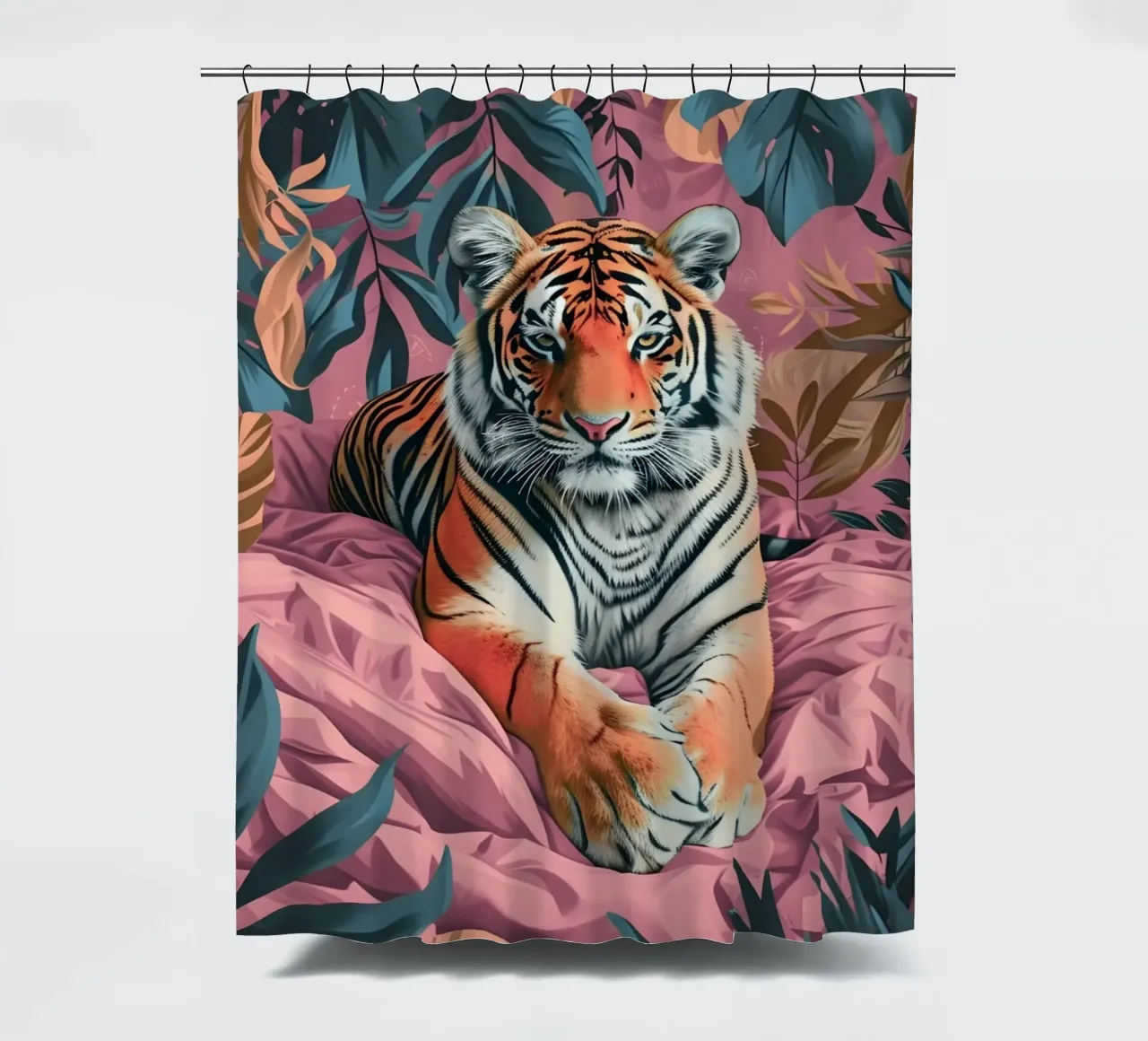 Majestic Tiger in Tropical Pink Jungle | Bold Pop Art Print shower curtain by NorwesClub