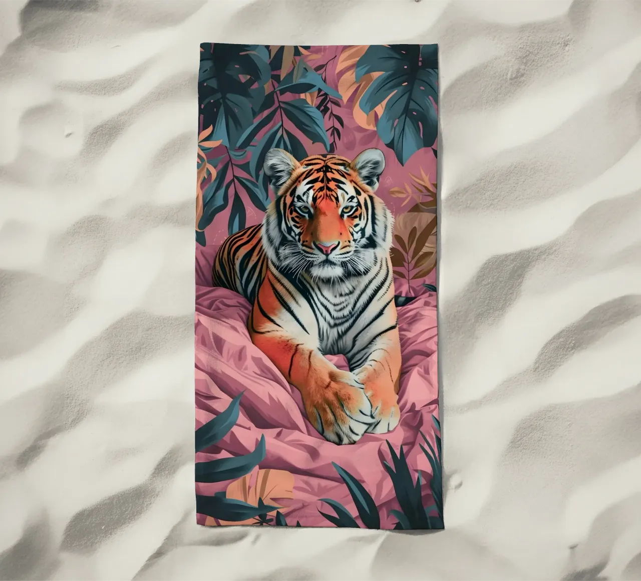 Majestic Tiger in Tropical Pink Jungle | Bold Pop Art Print beach towel by NorwesClub