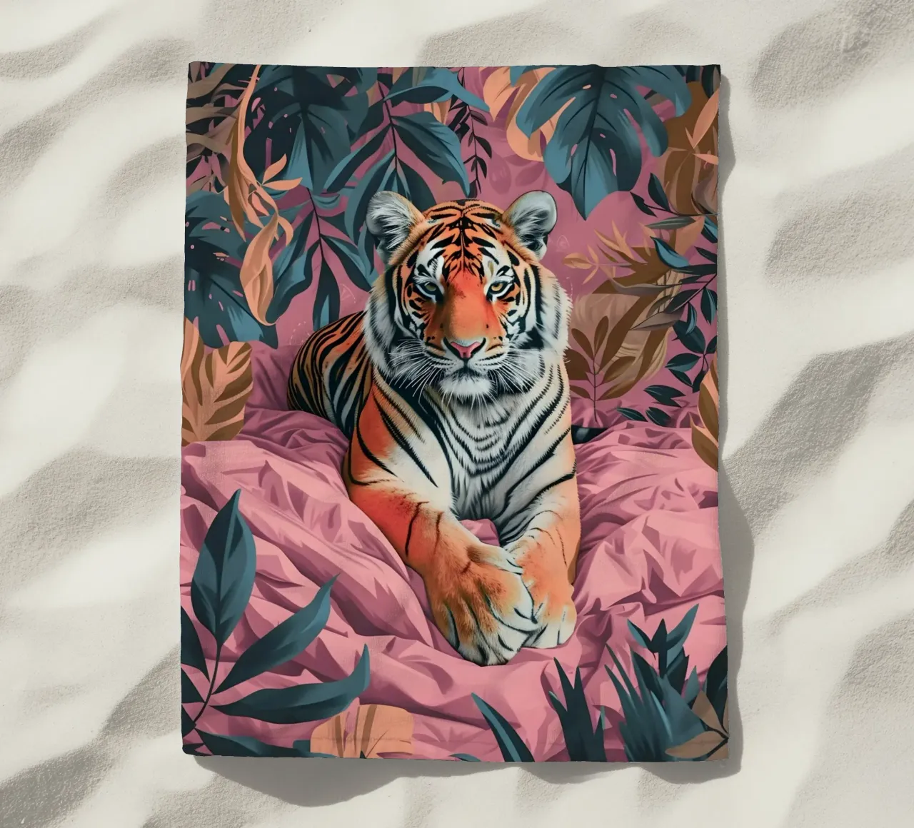 Majestic Tiger in Tropical Pink Jungle | Bold Pop Art Print beach towel by NorwesClub