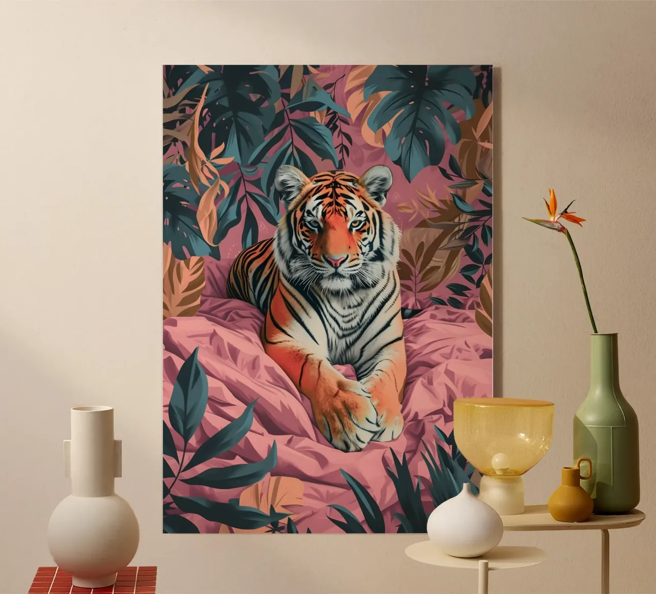 Majestic Tiger in Tropical Pink Jungle | Bold Pop Art Print acrylic glass by NorwesClub