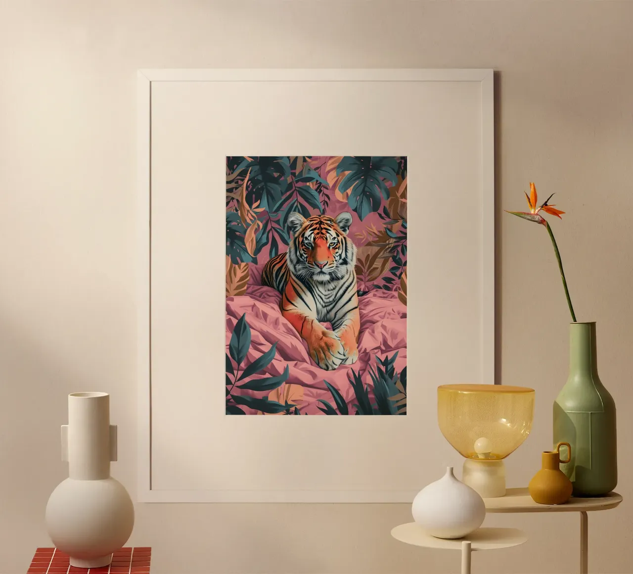 Tigre majestueux dans la jungle tropicale rose | Pop Art Print hahnemühle de NorwesClub